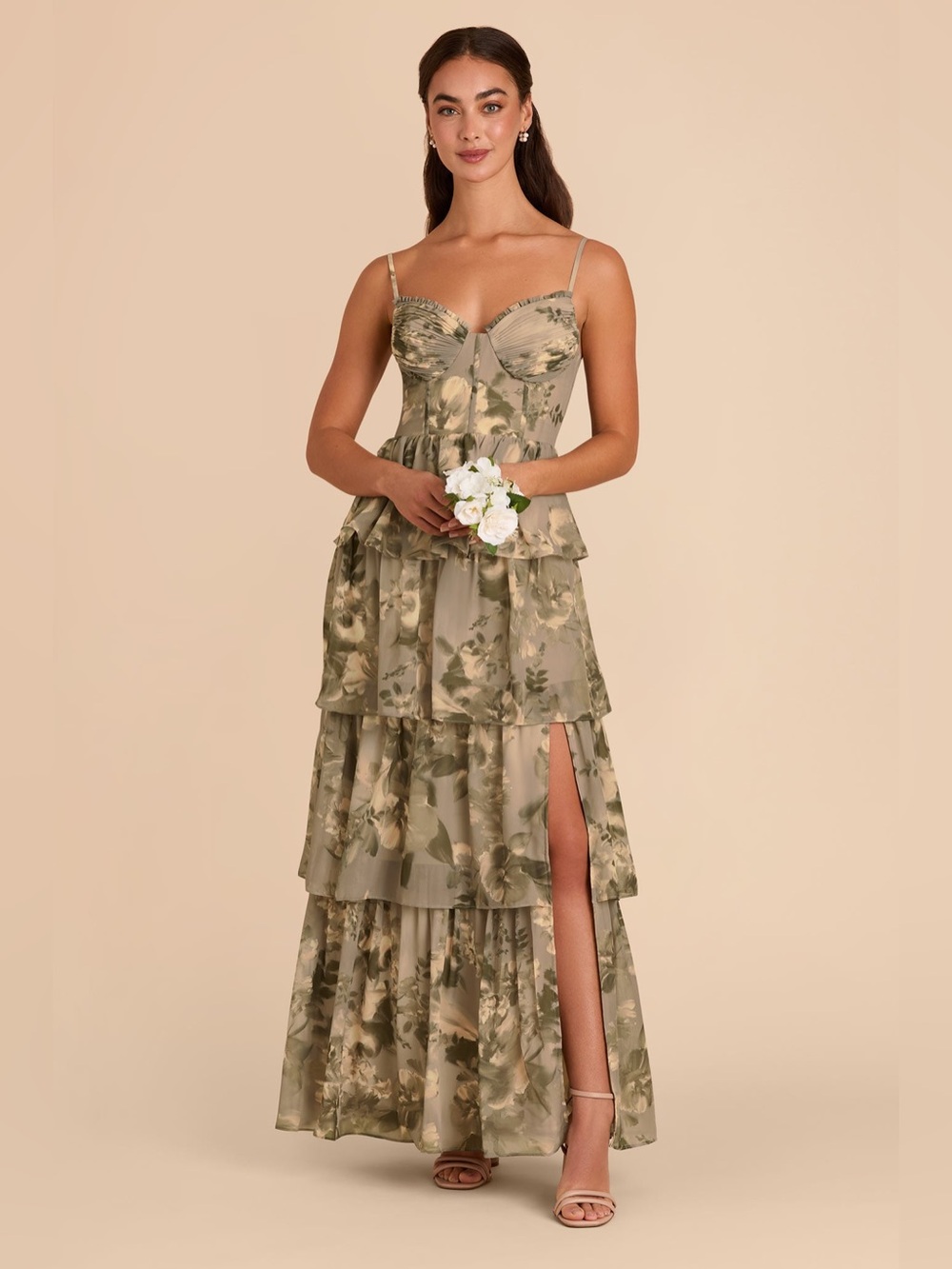 EUC Birdy Grey Lola Ruffled Bustier Sweetheart Maxi Gown in Chiffon Doe Botanics